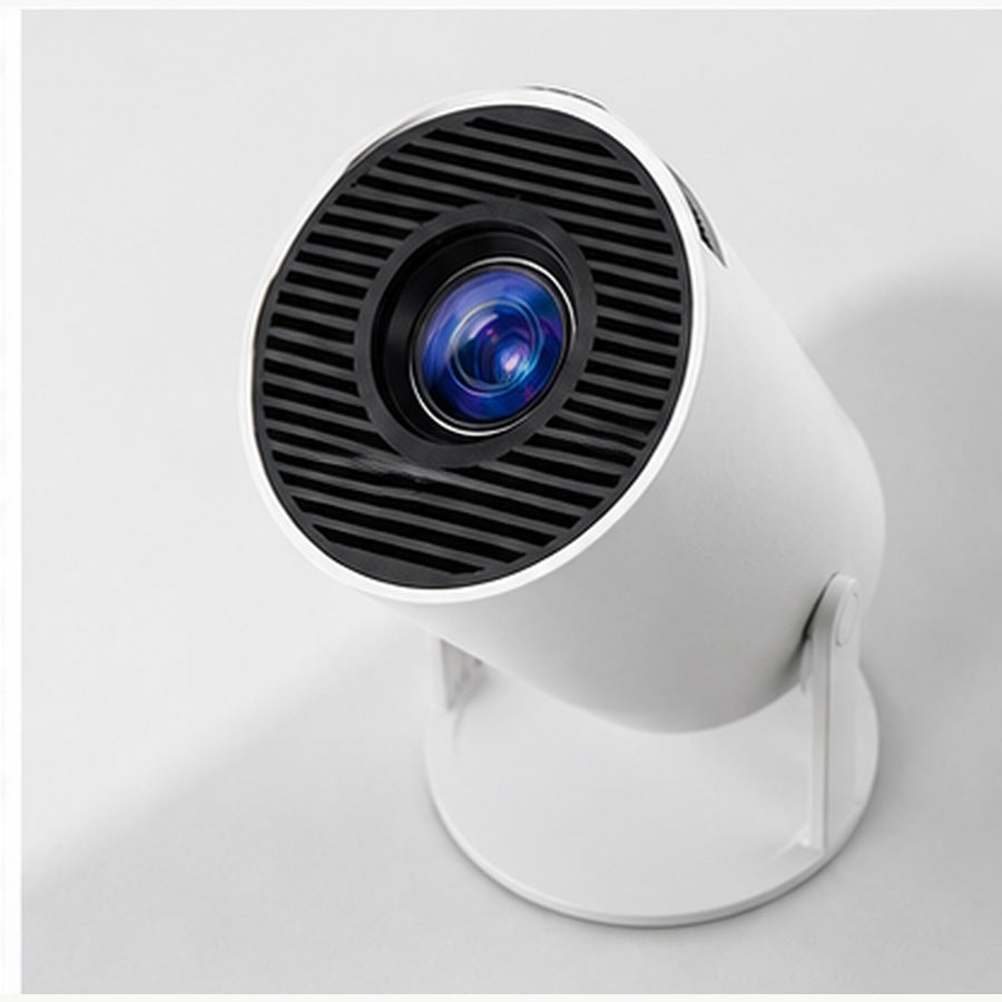Front three-quarter view of the white portable projector and its adjustable stand. — ULTAVEX &amp; CO