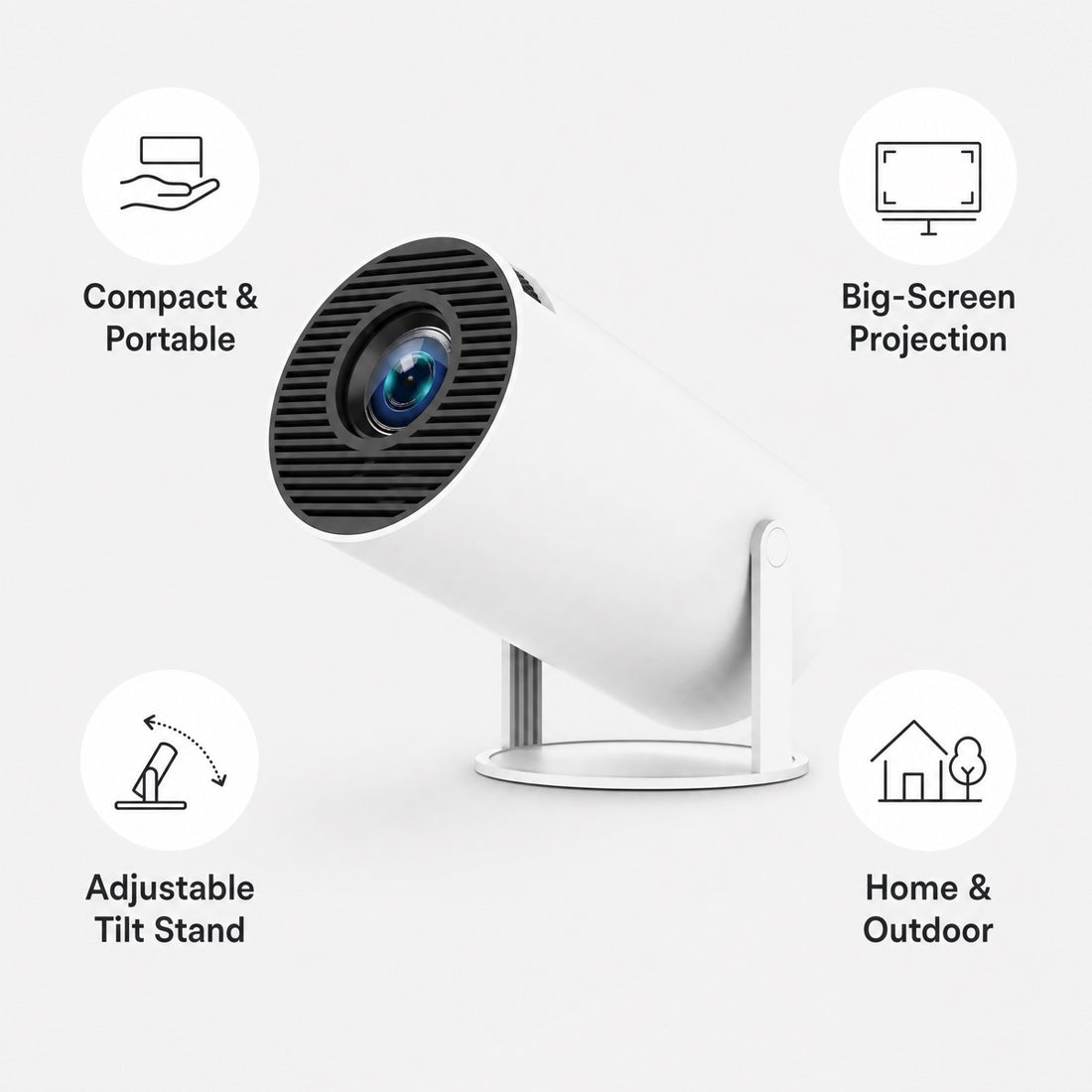Portable white projector with feature callouts for compact portability, big-screen projection, adjustable tilt stand and home or outdoor use. — ULTAVEX &amp; CO