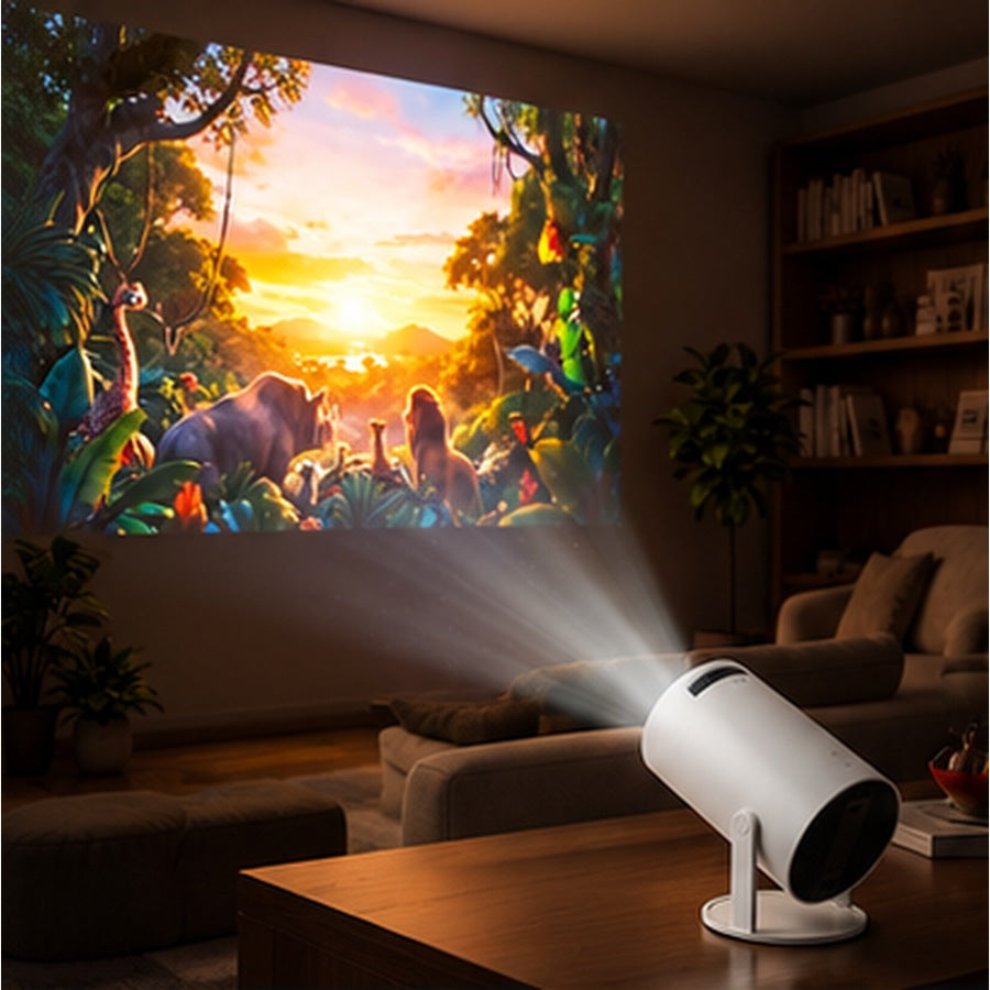 Portable projector in a cosy living room projecting a nature scene onto the wall. — ULTAVEX &amp; CO
