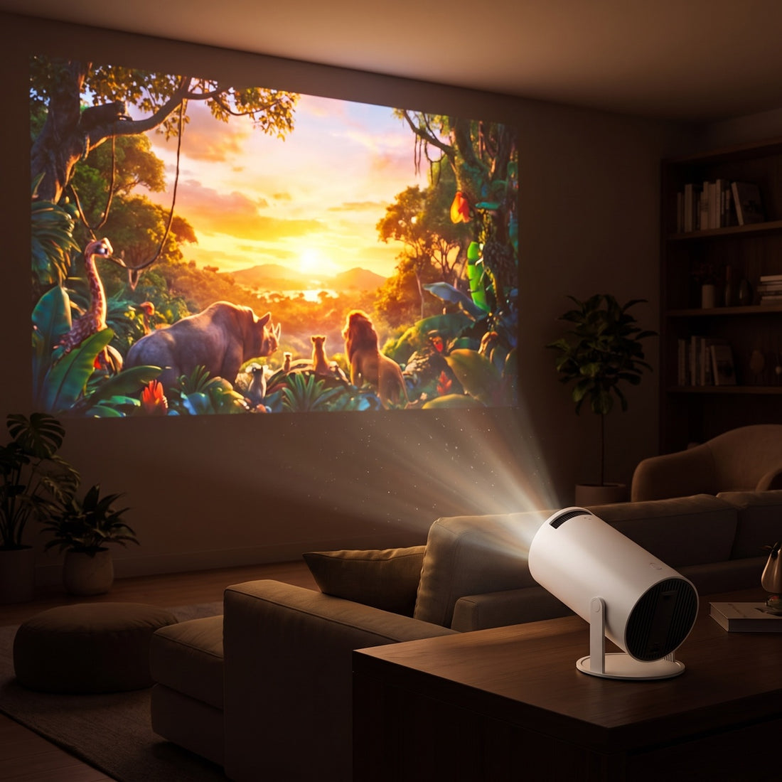 White portable projector projecting colourful visuals onto a living-room wall. — ULTAVEX &amp; CO