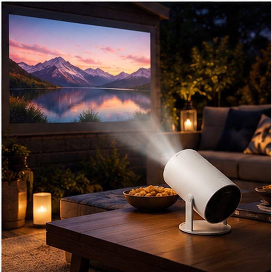 Portable projector showing a mountain landscape in a warm home-theatre setting. — ULTAVEX &amp; CO