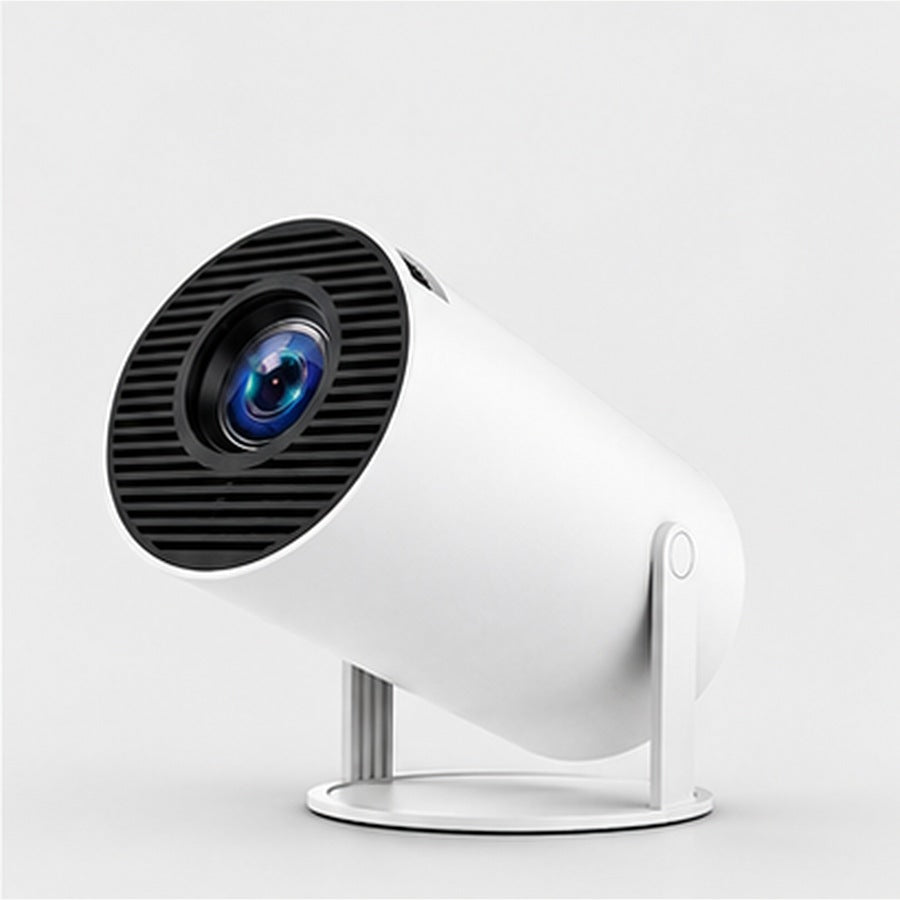 White cylindrical portable projector with black front grille and adjustable stand on a clean studio background.